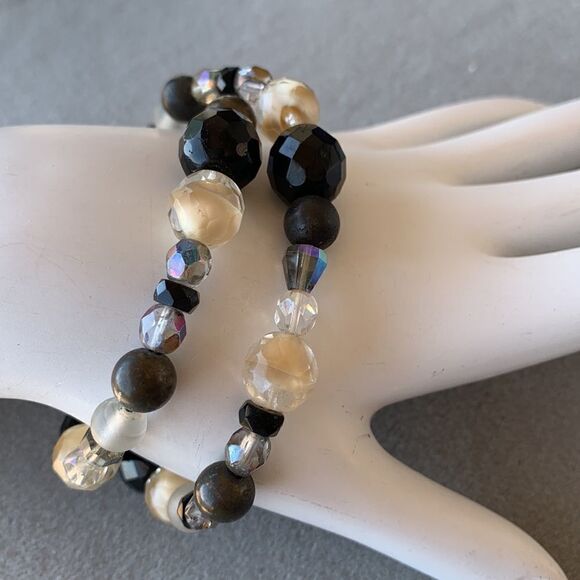 Vintage artisan made glass beaded bracelet black beige ab crystal silver clasp - Picture 10 of 11